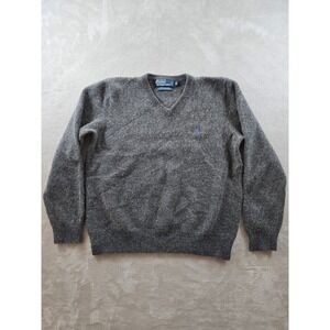 Polo Ralph Lauren V-Neck Sweater Women XL Fit L Gray Lambs Wool Italian Yarn Y2K